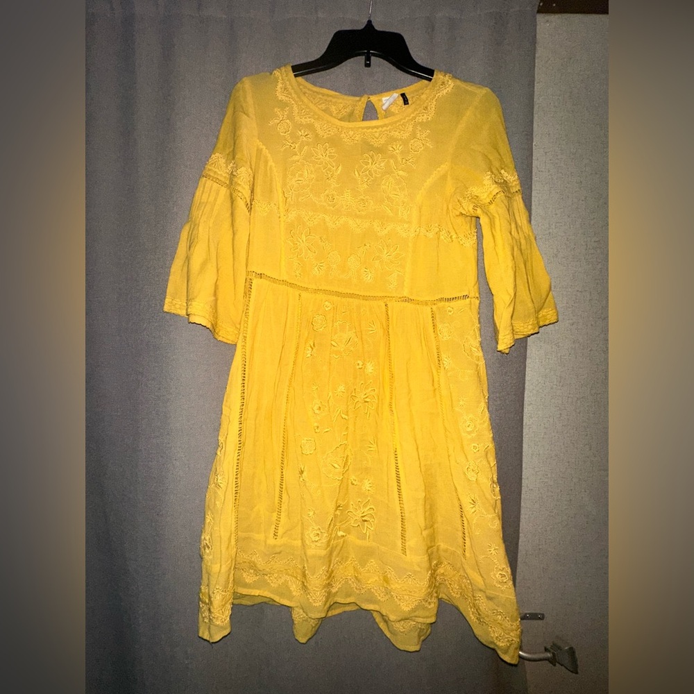 Anthropologie Akemi + Kin Embroidered Yellow Gold Tunic Dress made in India